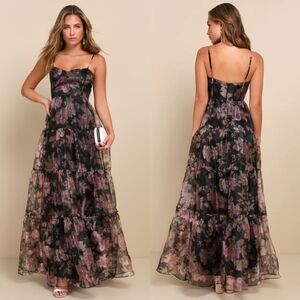 Lulus Exclusive Glamour Black Floral Organza Tiered Maxi Dress Wedding Prom